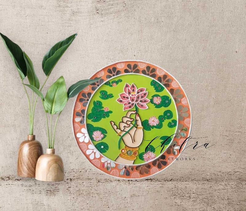 Chitra Artworks Chitra artworks_Handmade Mud Mirror Painting for Wall Decor12 X 12 inches Pack of 1Hand with Lotus  - Image 2