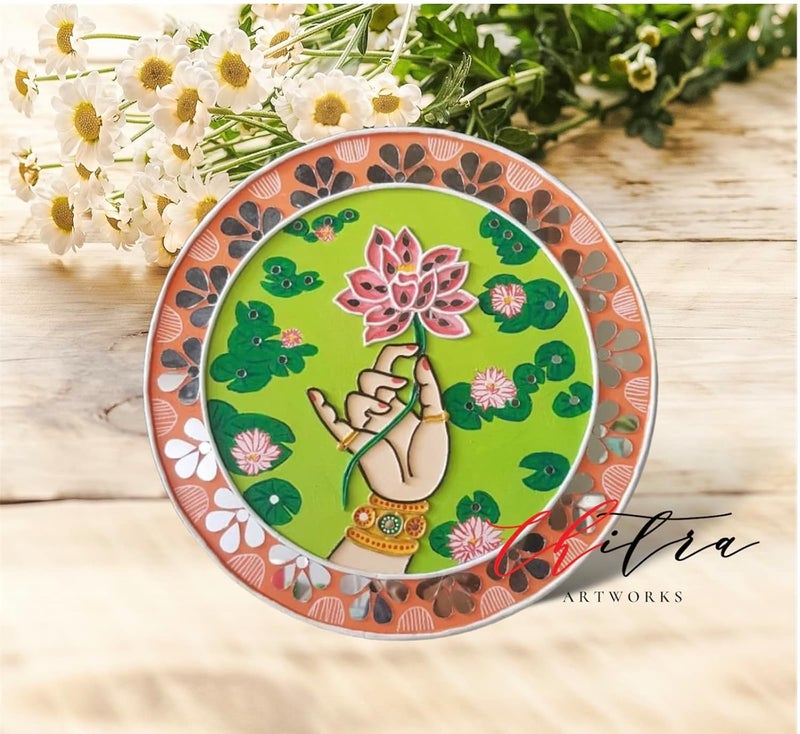 Chitra Artworks Chitra artworks_Handmade Mud Mirror Painting for Wall Decor12 X 12 inches Pack of 1Hand with Lotus  - Image 3