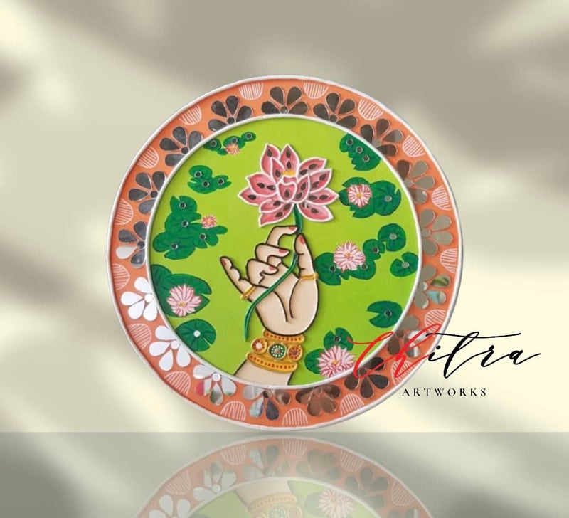Chitra Artworks Chitra artworks_Handmade Mud Mirror Painting for Wall Decor12 X 12 inches Pack of 1Hand with Lotus  - Image 4