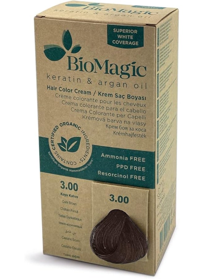 BIOMAGIC كريم صبغة الشعر بالكيراتين وزيت الأركان | درجة 3/00 بني داكن | يدوم طويلاً، تغطية للشيب مع زيوت مغذية (عبوة من 2) - Image 2