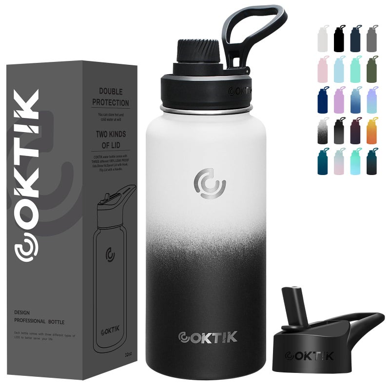 COKTIK 32 oz Sports Water Bottle With Straw2 Lids Stainless Steel Vacuum Insulated Water BottlesLeakproof Lightweight Keeps Cold and Hot Great for Travel Hiking Biking Running Day  Night