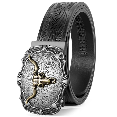 SANSTHS Ratchet Cowboy Belt, Western Ratchet Belts for Men Ratchet Western Belt with Automatic Cowboy Buckle, Bronze Bull/Black - Image 1