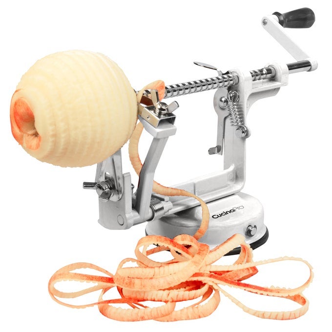 APPLE PEELER AND CORER DURABLE HEAVY DUTY CHROME CAST IRON WITH POWERFUL COUNTERTOP SUCTION HAND CRANK FOR FRUITS APPLES POTATOES OR VEGGIES FALL PICKING SEASON AND HOLIDAY PIE MAKING ESSENTIAL