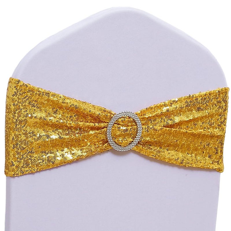 SINSSOWL SINSSOWL Pack of 100 Spandex Sequin Chair Sashes for Wedding Chairs Sash Buckles Chair Sashes for Party Fiesta Baby Shower Decor Chairs Bands  Gold Chair Sash 