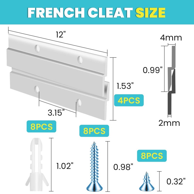 FURWEY French Cleat, Picture and Mirror Hanger, Aluminum French Cleat, Headboard Wall Mounting Brackets with Screws(12 Inch-2 Pairs, Support 80 lbs) - Image 2