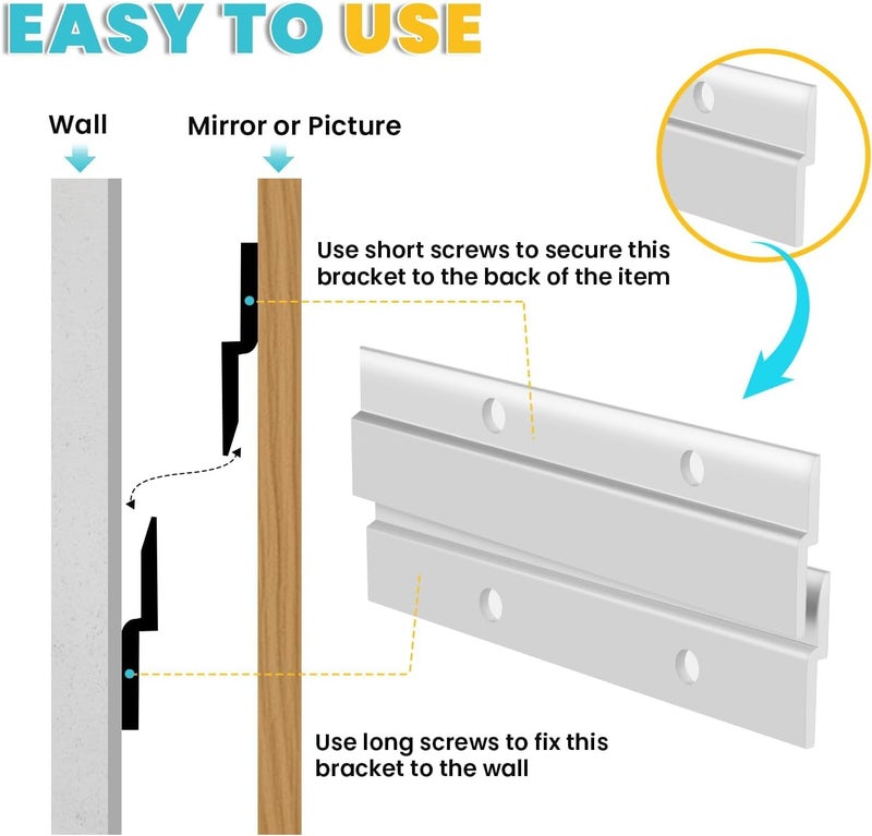 FURWEY French Cleat, Picture and Mirror Hanger, Aluminum French Cleat, Headboard Wall Mounting Brackets with Screws(12 Inch-2 Pairs, Support 80 lbs) - Image 4