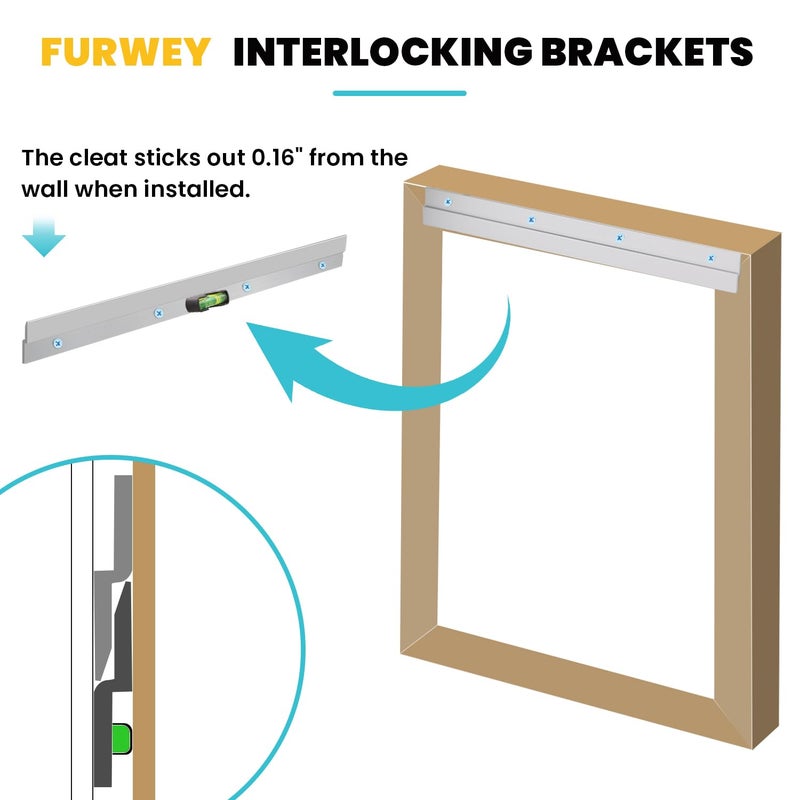 FURWEY French Cleat, Picture and Mirror Hanger, Aluminum French Cleat, Headboard Wall Mounting Brackets with Screws(12 Inch-2 Pairs, Support 80 lbs) - Image 3