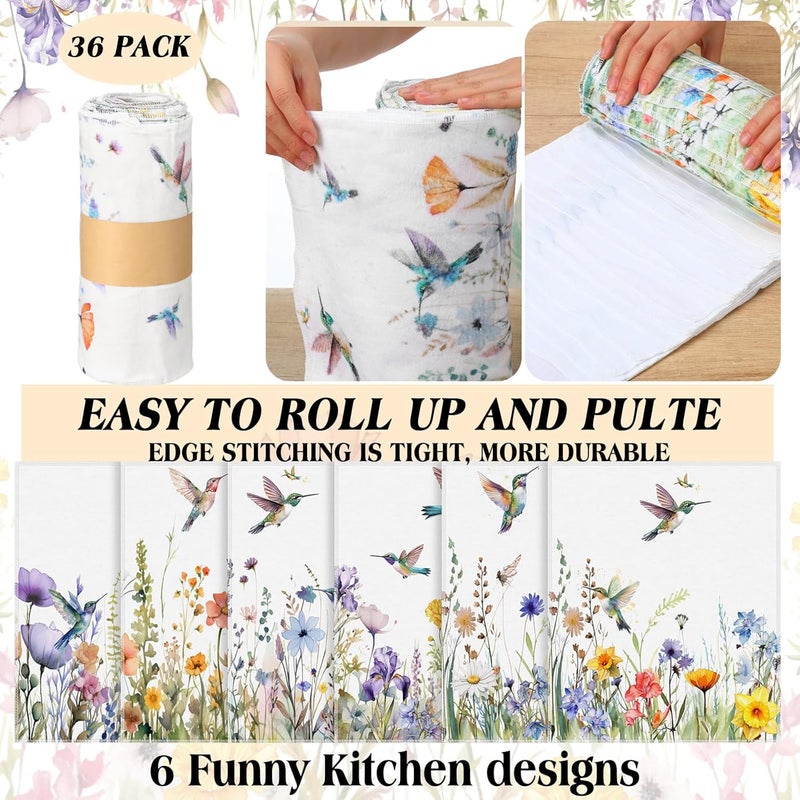 Noveread 36 Pack Hummingbird Flowers Reusable Cleaning Cloths Washable Cotton Kitchen Towels for Home(Multicolor) - Image 3