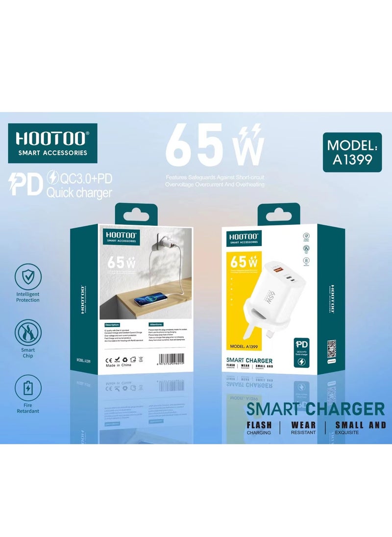 هوتو - شاحن منزلي بقوة 65 وات، ثلاثة منافذ، منفذ PD، منفذ USB، منفذ Lightning، يدعم الشحن السريع - Image 1