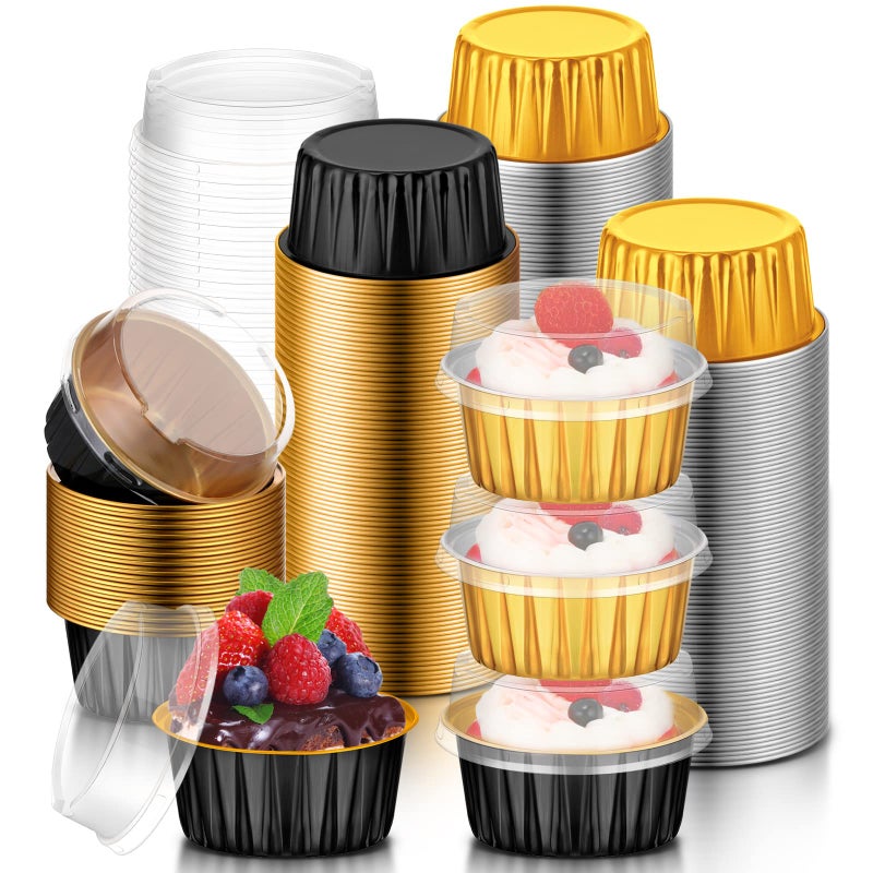 120 قطعة من أكواب الخبز المصنوعة من رقائق الألمنيوم مع أغطية 5 أونصات قوالب كعك صغيرة أغطية قابلة للتصرف صواني مافن ورق الخبز رامينكين صواني أكواب كعك الألمنيوم لحفلة عيد الميلاد باللون الأسود والذهبي