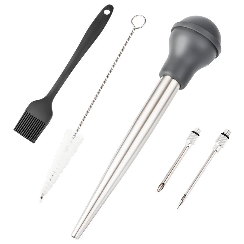 Viwehots Turkey Baster Stainless Steel Turkey Baster Silicone Bulb with 2 Marinade Injector Needles and 2 Brush for Cooking Easy Clean and Dishwasher Safe Color Grey