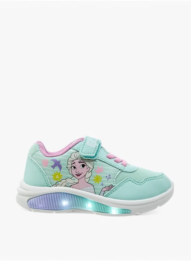 Disney Girls Elsa Print Light-Up Sneakers with Hook and Loop Closure