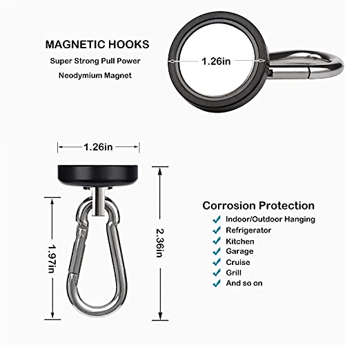 WELLZEER Magnetic Hooks 100lbs Black Magnet Hooks with Swiveling Carabiner for Hanging Refrigerator Strong Large Neodymium Magnet (100LBS-2PACK-BLACK) - Image 3
