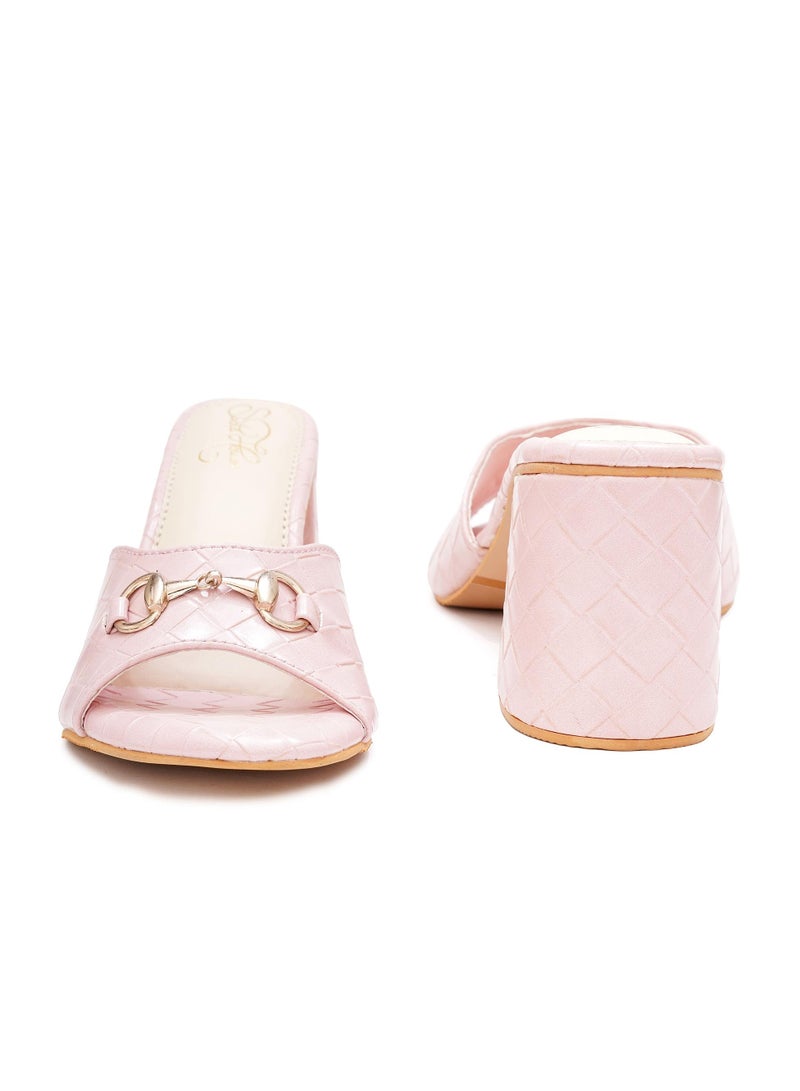 Sole House Sole House Feminine Flair: Blush Pink Block Heels with Gold Horsebit Detail - perfect for parties, celebrations & special occasions.  - Image 3