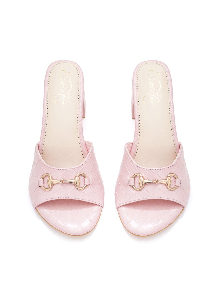 Sole House Sole House Feminine Flair: Blush Pink Block Heels with Gold Horsebit Detail - perfect for parties, celebrations & special occasions.  - Image 4