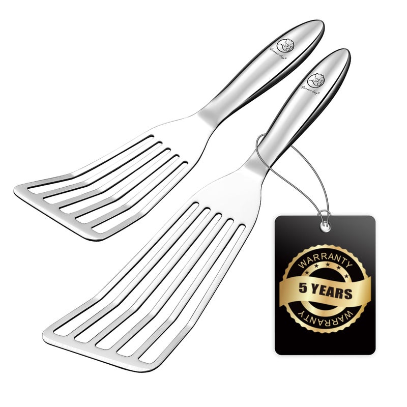 Gourmet Easy Stainless Steel Fish Spatula Set â€“ 1 Large Fish Turner + 1 Small Metal Spatula, Ultra Thin Edge for Easy Turning & Flipping, Metal Kitchen Untensils with Ergonomic Non-Slip Handle, Dishwasher Safe - Image 1