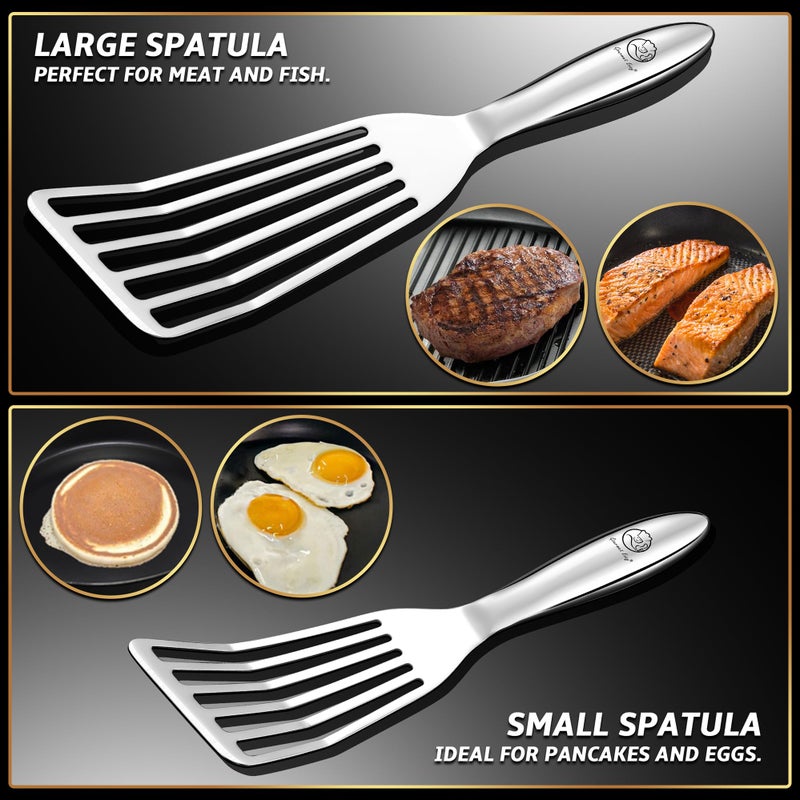 Gourmet Easy Stainless Steel Fish Spatula Set â€“ 1 Large Fish Turner + 1 Small Metal Spatula, Ultra Thin Edge for Easy Turning & Flipping, Metal Kitchen Untensils with Ergonomic Non-Slip Handle, Dishwasher Safe - Image 3