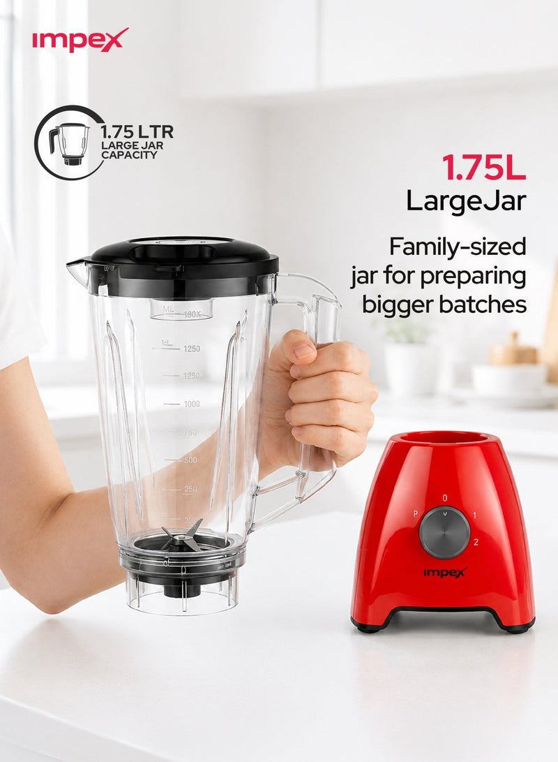 Impex 2 in 1 Blender Mixer Grinder 600W, 1.75L Large Jar, 2 Speed Settings with Pulse Function, Stainless Steel Blades, Juice Maker, Non-Slip Base, Easy-to-Use Kitchen Blender, 2 Year Warranty - BL 3510 1.75 L 600 W BL 3510 Red and Black - Image 3