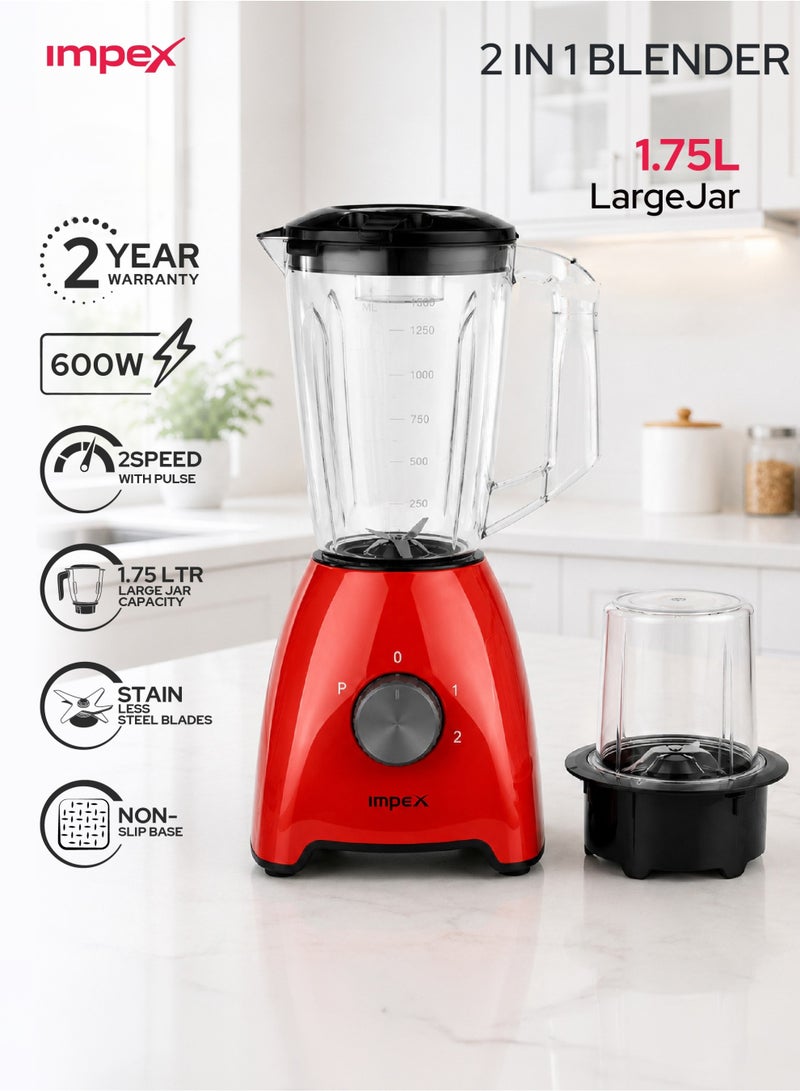 Impex 2 in 1 Blender Mixer Grinder 600W, 1.75L Large Jar, 2 Speed Settings with Pulse Function, Stainless Steel Blades, Juice Maker, Non-Slip Base, Easy-to-Use Kitchen Blender, 2 Year Warranty - BL 3510 1.75 L 600 W BL 3510 Red and Black - Image 1