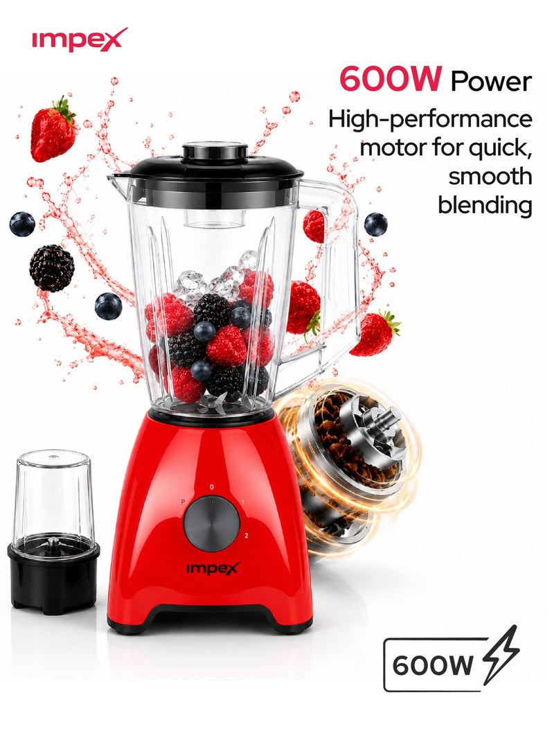 Impex 2 in 1 Blender Mixer Grinder 600W, 1.75L Large Jar, 2 Speed Settings with Pulse Function, Stainless Steel Blades, Juice Maker, Non-Slip Base, Easy-to-Use Kitchen Blender, 2 Year Warranty - BL 3510 1.75 L 600 W BL 3510 Red and Black - Image 5