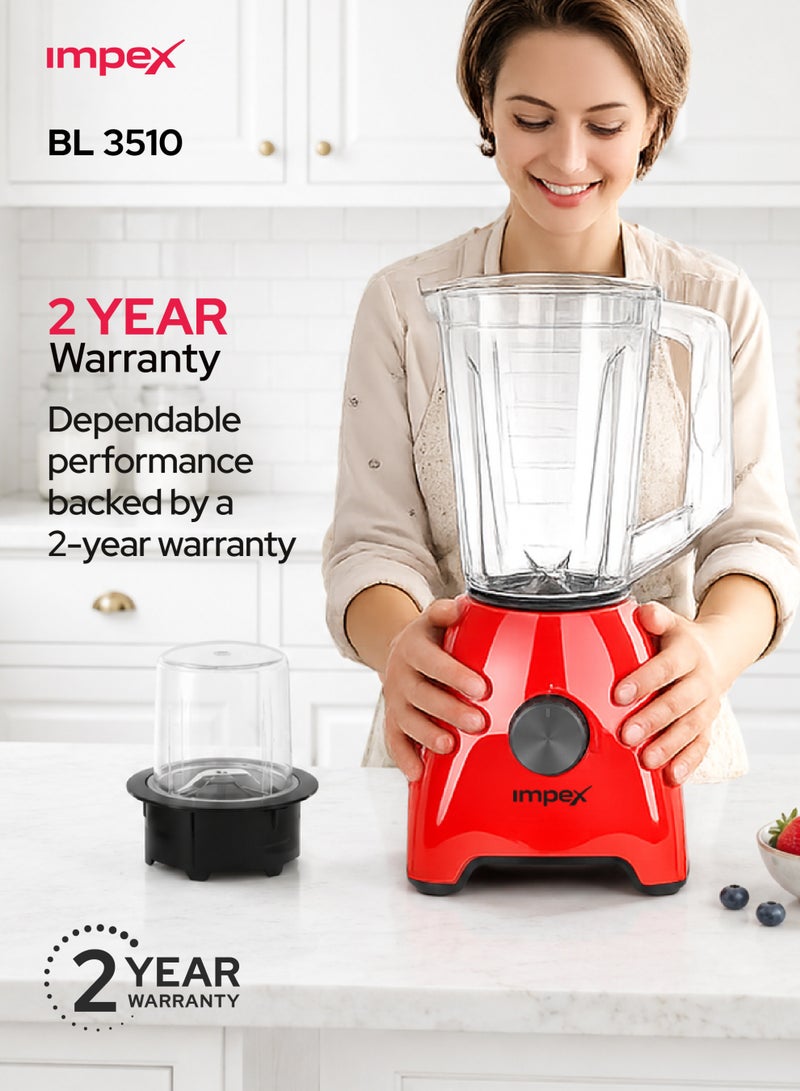 Impex 2 in 1 Blender Mixer Grinder 600W, 1.75L Large Jar, 2 Speed Settings with Pulse Function, Stainless Steel Blades, Juice Maker, Non-Slip Base, Easy-to-Use Kitchen Blender, 2 Year Warranty - BL 3510 1.75 L 600 W BL 3510 Red and Black - Image 2