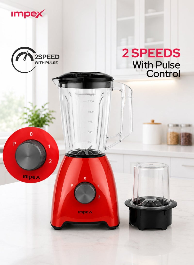 Impex 2 in 1 Blender Mixer Grinder 600W, 1.75L Large Jar, 2 Speed Settings with Pulse Function, Stainless Steel Blades, Juice Maker, Non-Slip Base, Easy-to-Use Kitchen Blender, 2 Year Warranty - BL 3510 1.75 L 600 W BL 3510 Red and Black - Image 4