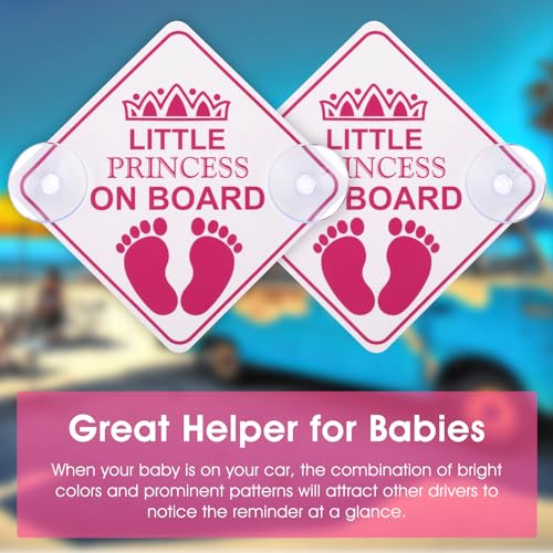 Amabro Little Princess on Board Warning Signs, 2pcs 5" x 5" Safety Car Bumper Sticker With Double Suction Cups, Reusable Baby in Car Decal, Pink - Image 3