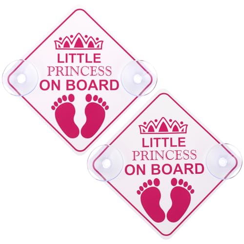Amabro Little Princess on Board Warning Signs, 2pcs 5" x 5" Safety Car Bumper Sticker With Double Suction Cups, Reusable Baby in Car Decal, Pink - Image 1