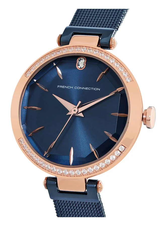 فرنش كونكشن Women's Analog Watch with Blue Stainless Steel Mesh Bracelet, Blue Dial