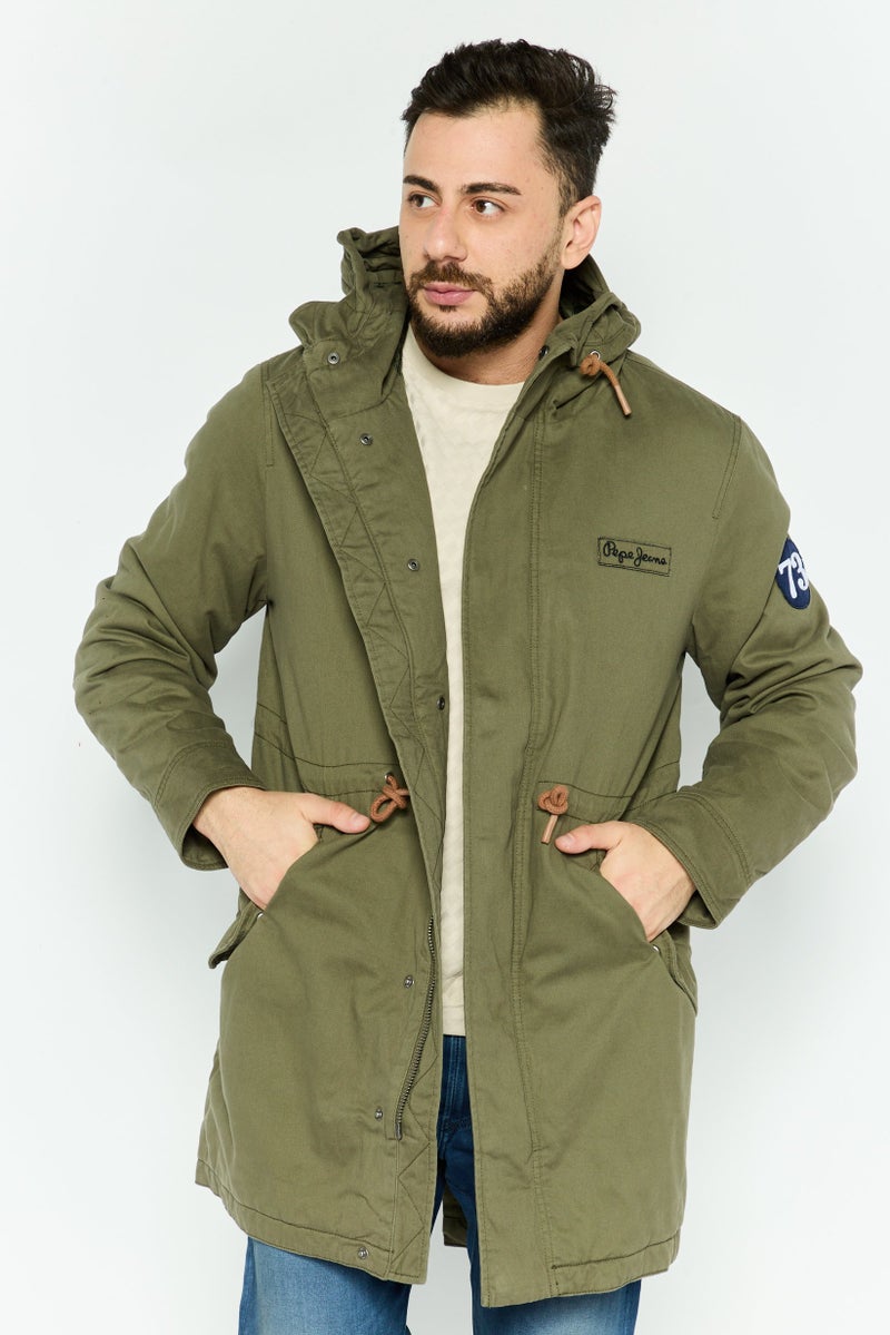 Pepe Jeans Men Embroidered Logo Hooded Parka Jacket, Dark Olive - Image 1