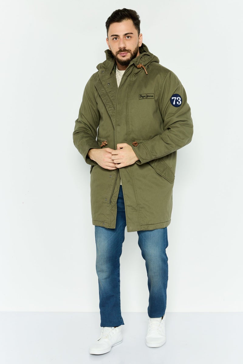 Pepe Jeans Men Embroidered Logo Hooded Parka Jacket, Dark Olive - Image 2