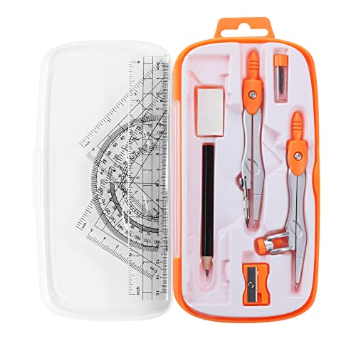 Unjoo Math Geometry Kit Sets 10 Piece Student Supplies with Shatterproof Storage Box,Includes Rulers,Protractor,Compass,Eraser,Pencil Sharpener,Lead Refills,Pencil,for Drafting and Drawings（Orange） - Image 1