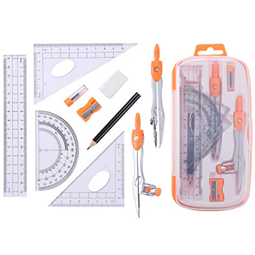Unjoo Math Geometry Kit Sets 10 Piece Student Supplies with Shatterproof Storage Box,Includes Rulers,Protractor,Compass,Eraser,Pencil Sharpener,Lead Refills,Pencil,for Drafting and Drawings（Orange） - Image 2