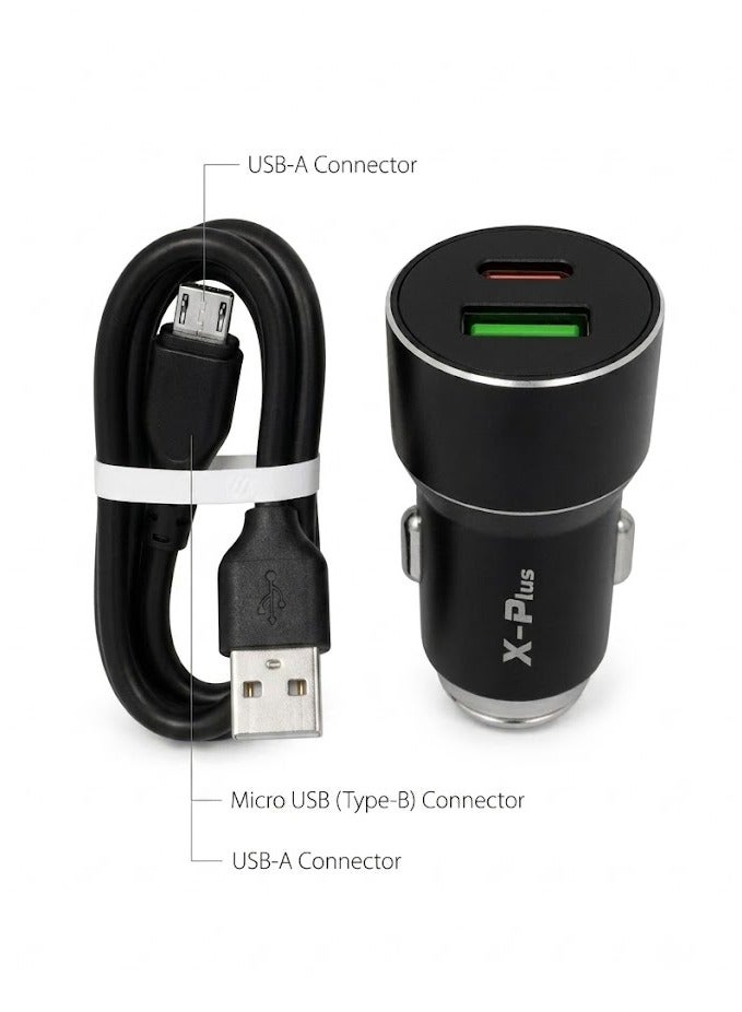 XP-98m PD& QC 3.0 45W Dual Fast Car Charger Adapter USB-C & USB-A Port With Micro-USB Cable for All Smartphones