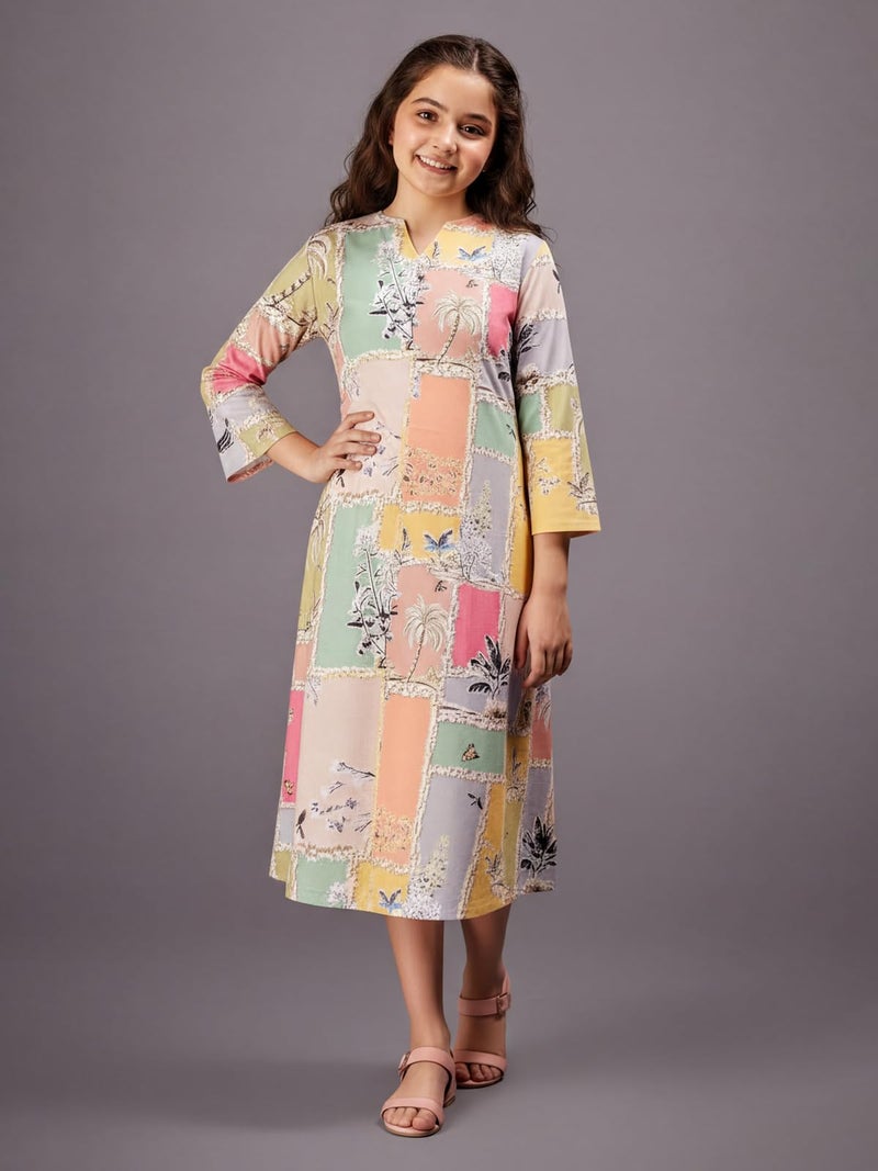 HELLCAT Girls V Neck Green Floral Printed Girl Dress for 11-16 Years | Stylish 3/4 Sleeve Dress_Green8_11-12 Years - Image 2
