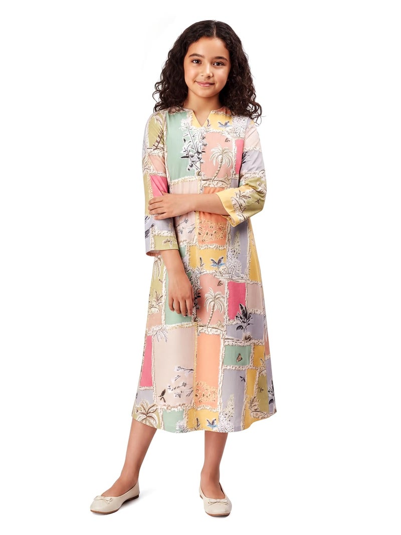 HELLCAT Girls V Neck Green Floral Printed Girl Dress for 11-16 Years | Stylish 3/4 Sleeve Dress_Green8_11-12 Years - Image 1