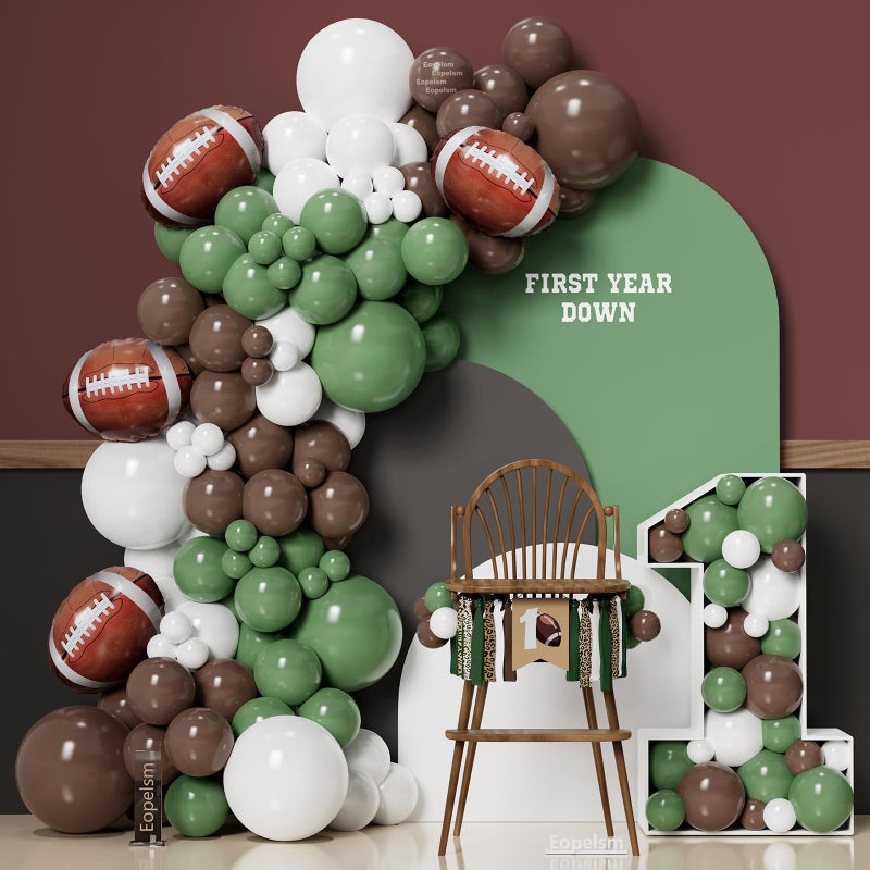 Eopelsm Football Balloon Garland Arch Kit 131Pcs Sage Green and Coffee Brown Balloons with Football Foil Balloon for Touch Down Rugby Super Bowl Sport Theme Party Decorations - Image 1
