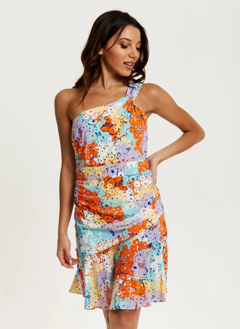 Liquorish  Floral Print One Shoulder Mini Dress for Women | Best Price UAE