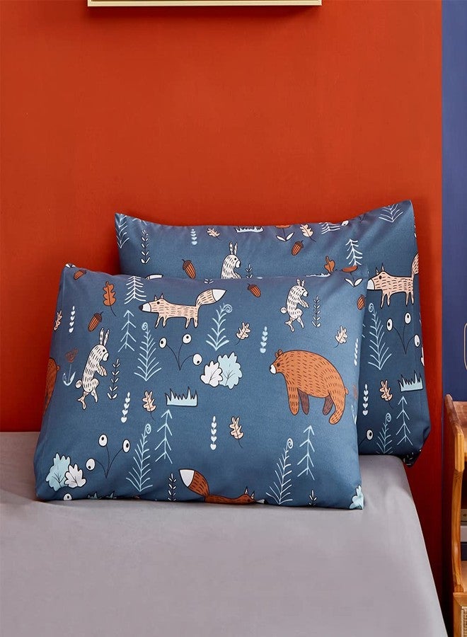 KAREVER Blue Bear Pillowcases Kids Cartoon Pillow Shams Navy Blue Animal Forest Woodland Printed Envelope Pillow Cover Pack of 2 for Boys Girls, Standard Twin/Queen 20''X26'' - Image 1