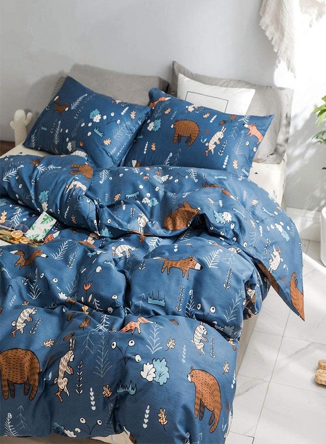 KAREVER Blue Bear Pillowcases Kids Cartoon Pillow Shams Navy Blue Animal Forest Woodland Printed Envelope Pillow Cover Pack of 2 for Boys Girls, Standard Twin/Queen 20''X26'' - Image 4