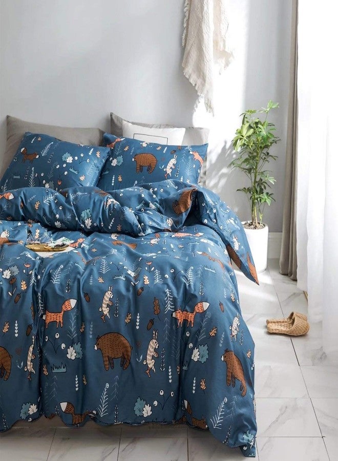 KAREVER Blue Bear Pillowcases Kids Cartoon Pillow Shams Navy Blue Animal Forest Woodland Printed Envelope Pillow Cover Pack of 2 for Boys Girls, Standard Twin/Queen 20''X26'' - Image 5