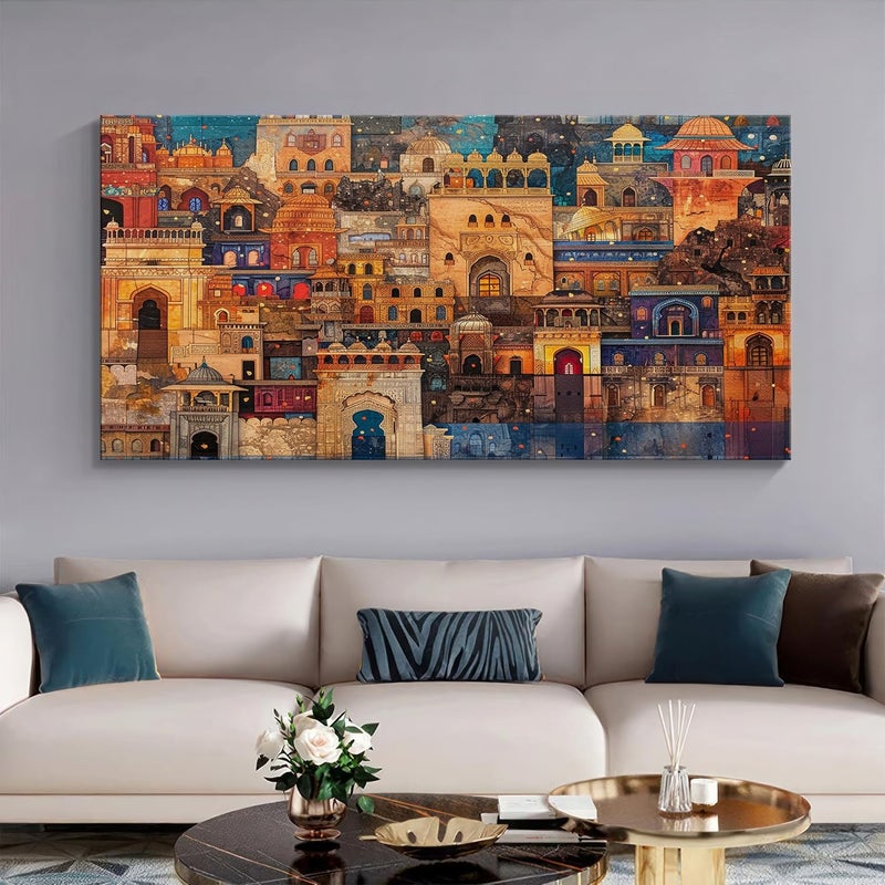 999STORE Vibrant Indian Cityscape Canvas Painting 24x48 Inches Framed Art Cultural Wall Decor for Home FLP24480715