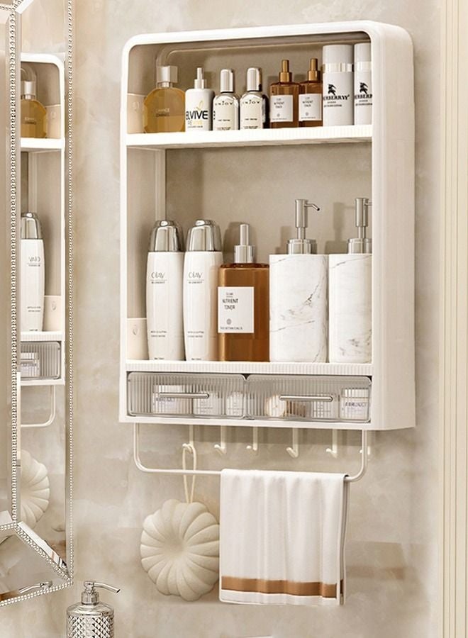 والالا رف حمام مثبت على الحائط من طبقتين، منظم للحمام، منظم للمكياج مع خطافات ودرج للحمام - Image 2