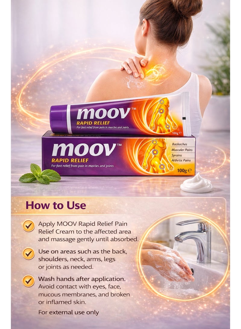MOOV Rapid Relief Pain Relief Cream 100g Pack of 2 - Fast Absorbing Ayurvedic Topical Cream for Backache, Muscular Pain, Sprains, Joint Discomfort and Stiffness - Image 5