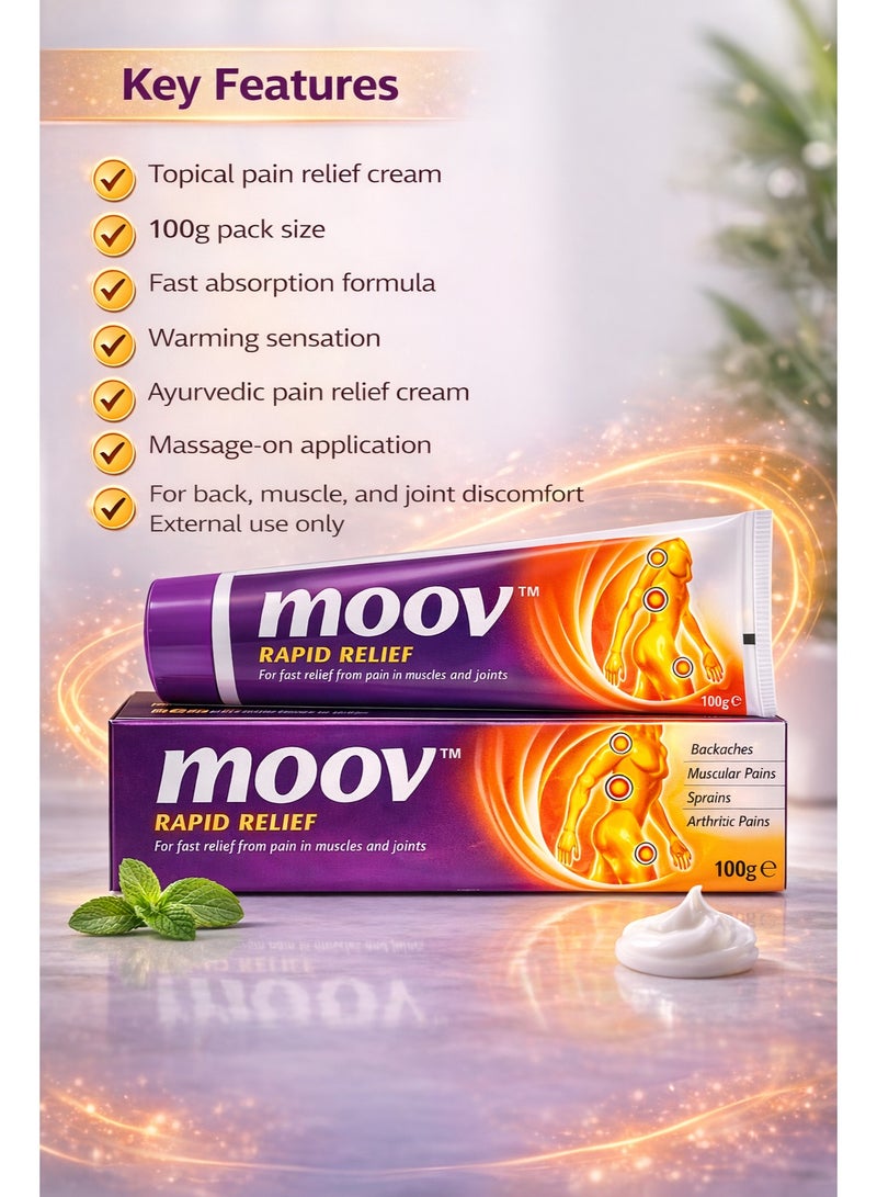 MOOV Rapid Relief Pain Relief Cream 100g Pack of 2 - Fast Absorbing Ayurvedic Topical Cream for Backache, Muscular Pain, Sprains, Joint Discomfort and Stiffness - Image 4