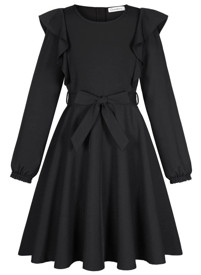 Quedoris Girls Ruffle Trim Dress Print and Solid Color A-line Swing Flared Belted Casual Party Dress with Zipper, Black Fall, 13-14 Years - Image 2