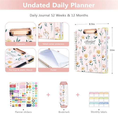 Ospelelf Budget Book Planner 8.5"x11" Large Size Undated Monthly Bill Payment Tracker Organizer Account Financial Planners with Clipboard Pockets Stickers 12 Months Productivity Aesthetic Pink Flowers - Image 2