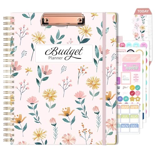 Ospelelf Budget Book Planner 8.5"x11" Large Size Undated Monthly Bill Payment Tracker Organizer Account Financial Planners with Clipboard Pockets Stickers 12 Months Productivity Aesthetic Pink Flowers - Image 1