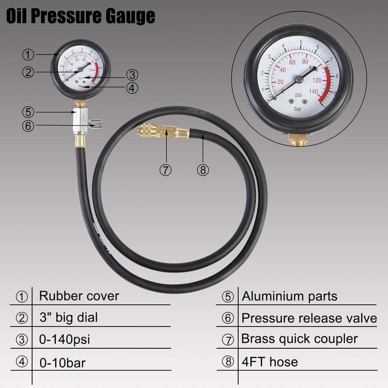 YSTOOL Oil Pressure Tester Kit Professional Oil Pressure Gauge Tool for Engine Diagnostic Test with Hose Adapters and Carry Case for Cars ATVs Trucks Use 0-140psi - Image 3