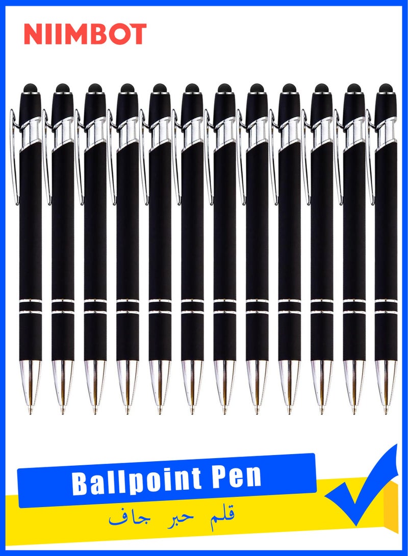 NIIMBOT 12 Pcs Black Ballpoint Pen with Stylus Tip, 2 in 1 Stylus Stylish Pen, Premium Metal Stylus Pen for Touch Screens, Black Ink, 1.0 mm Medium Point 14 x 1 cm - Image 1